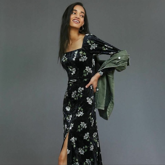 Anthropologie Hutch Velvet Square Neck Floral Midi Dress Sz XL - Picture 2 of 10